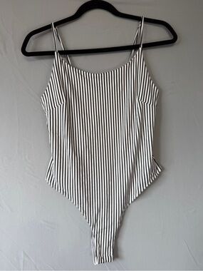 Mind Code Womens Striped Thong Bodysuit L White Black Adjustable Spaghetti Strap